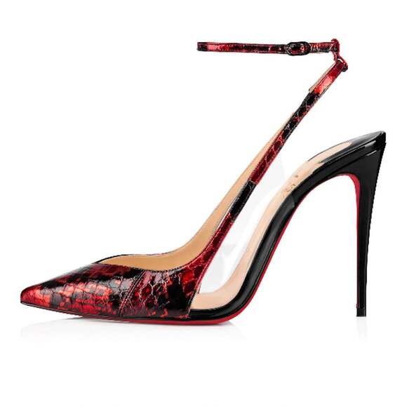 Christian Louboutin Optichoc 100 Black Red Patent PVC Ankle Strap Heel Pump 38.5 - Picture 3 of 12